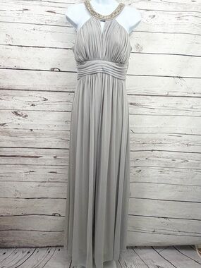 Fiesta Fashion Long Gray Chiffon Gown Beaded Halter Neck Dress Medium